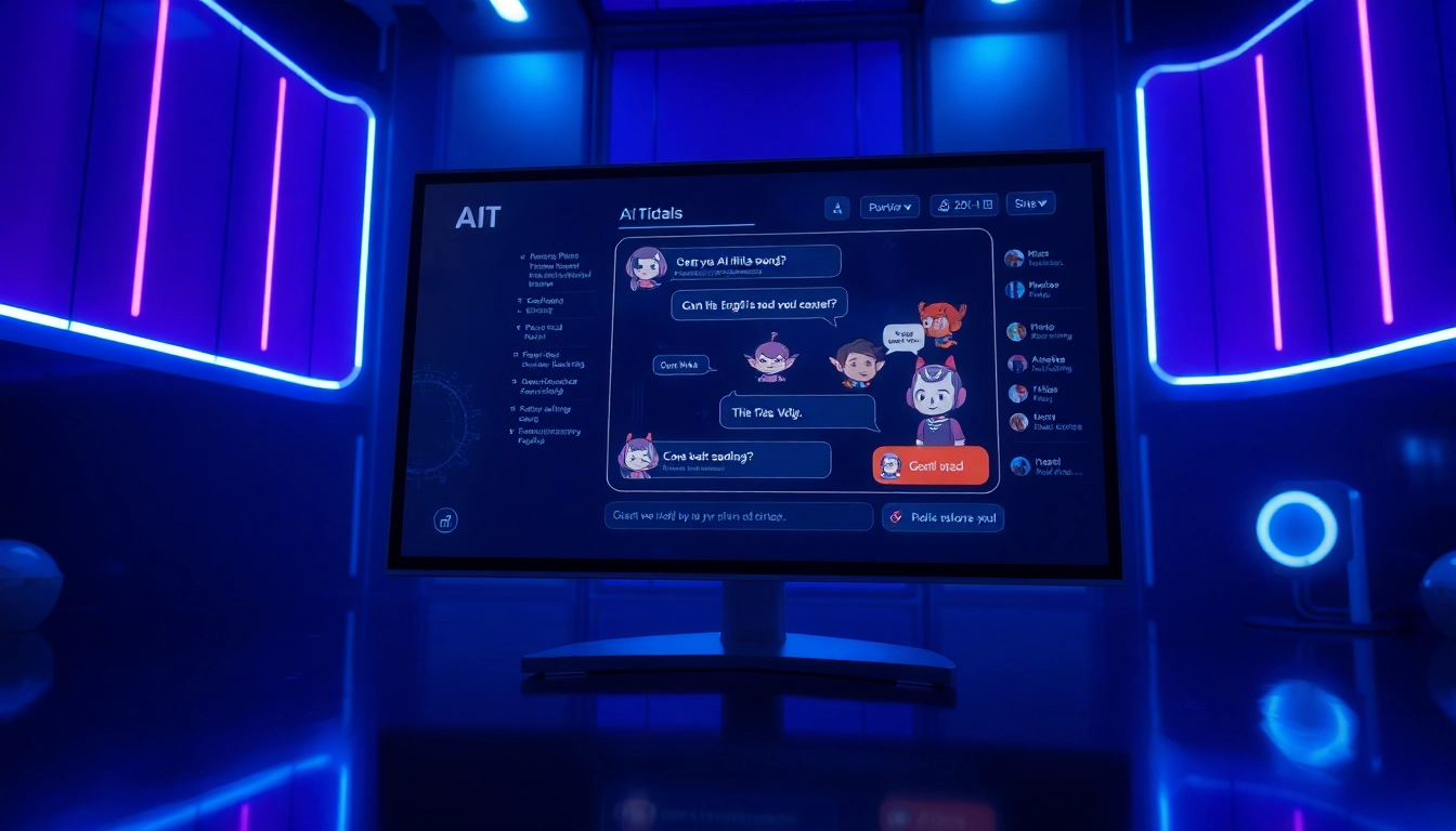 A futuristic AI chat interface with colorful characters in a high-tech setting, glowing holographic displays, and ambient lighting.
