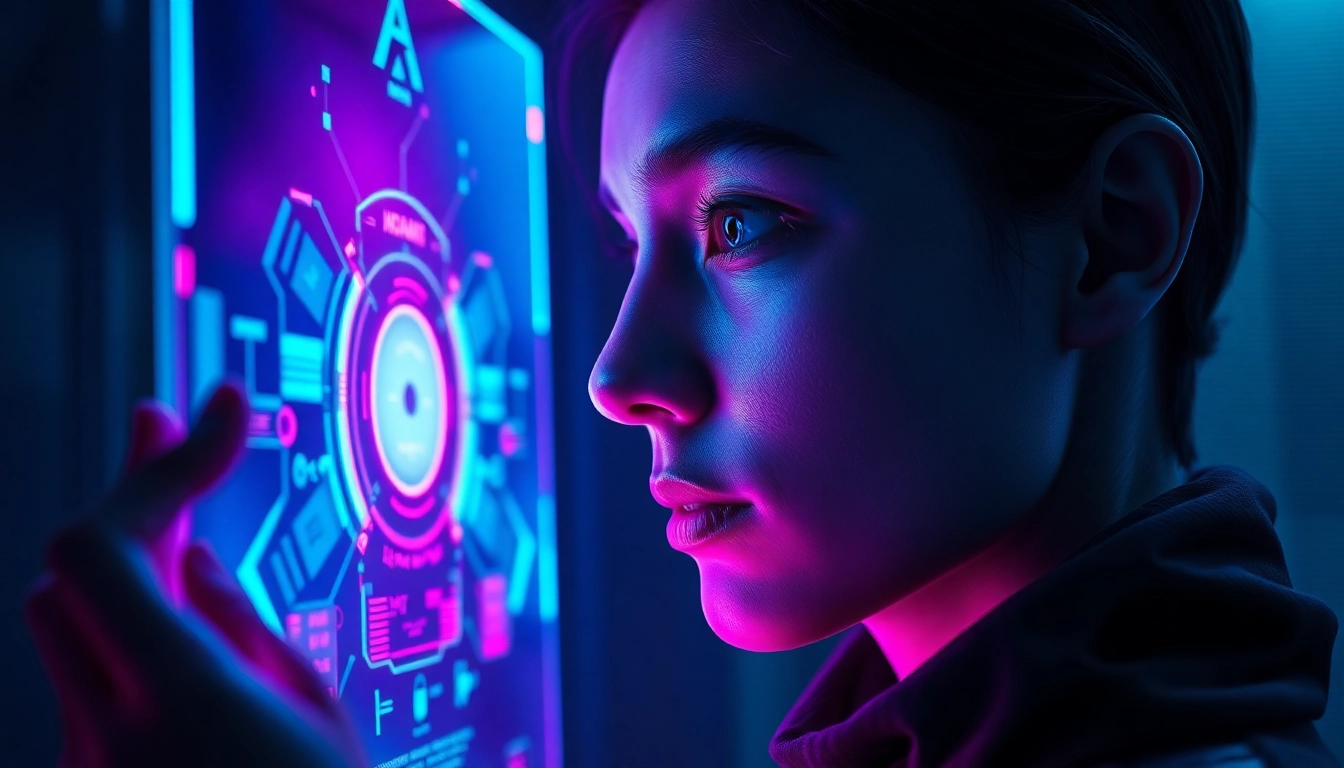 A person interacting with a glowing holographic AI interface in a futuristic room with neon lighting.