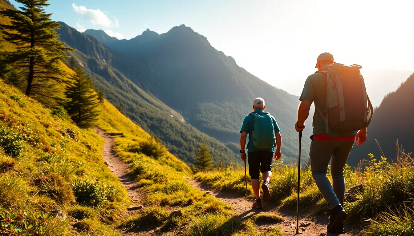 Guided hike through lush mountain scenery with a professional guide leading the way, capturing nature's beauty with clarity.