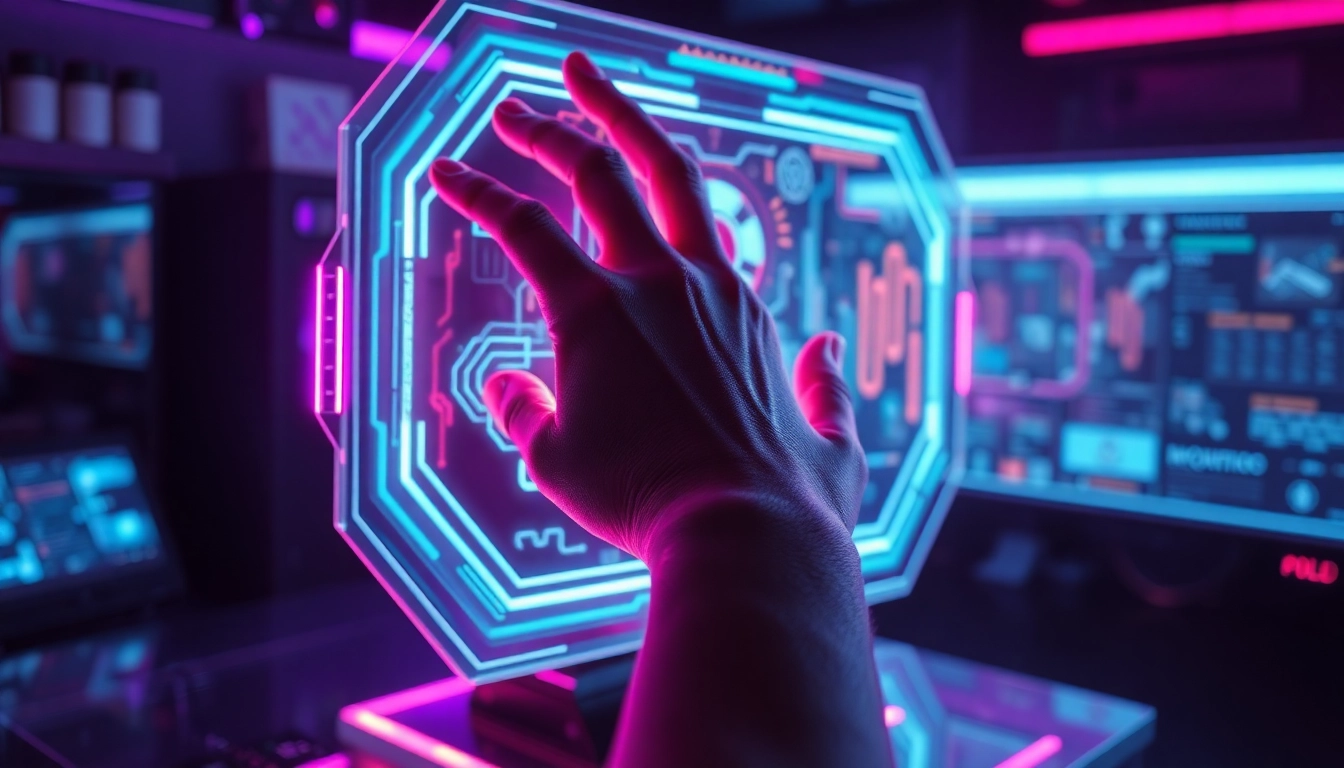Futuristic holographic AI interface with neon accents in a cyberpunk setting