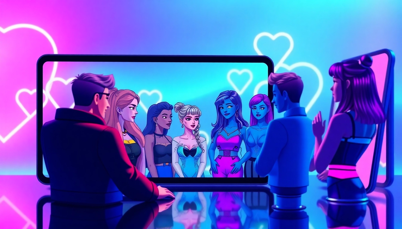 Futuristic digital illustration of AI characters engaging in adult chat on sleek devices with vibrant neon lighting.