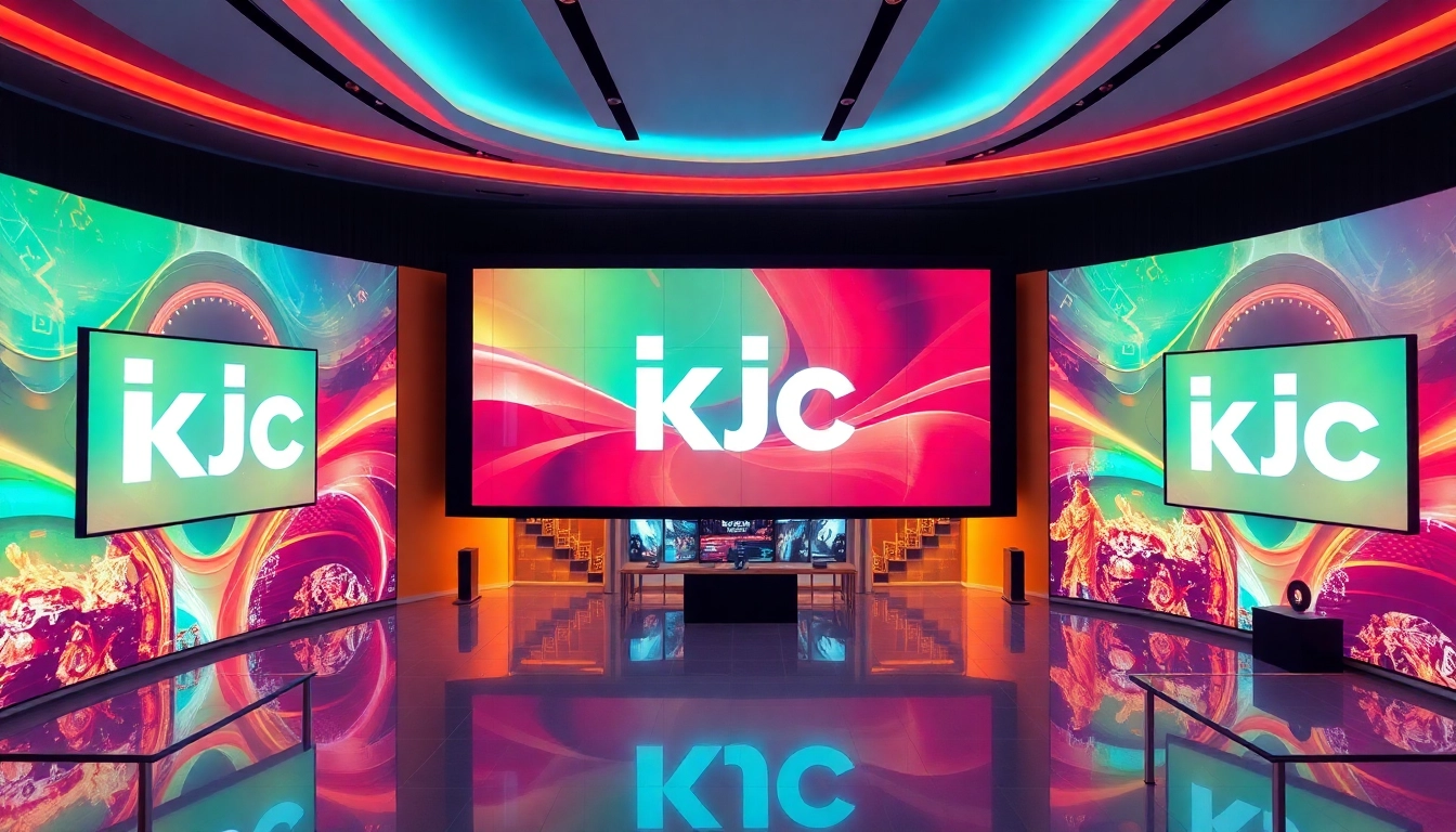 KJC branding with vibrant digital screens showcasing entertainment and technology, highlighting