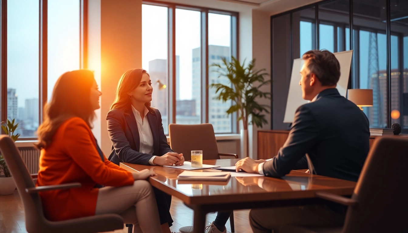 Professioneller Immobilienmakler Grevenbroich berät zufriedene Kunden bei Verkaufsgesprächen in modernem Büro.