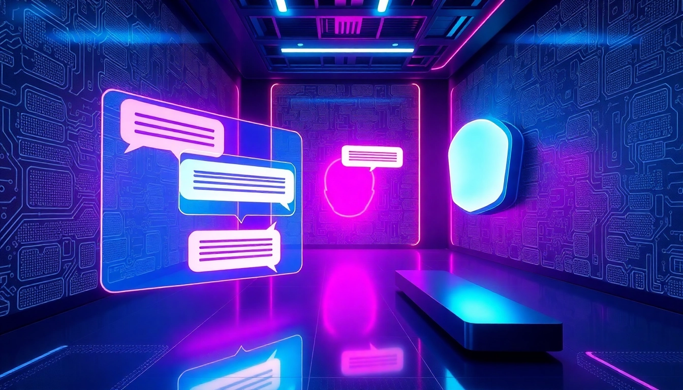 Futuristic digital environment with holographic chat interfaces and glowing AI avatar