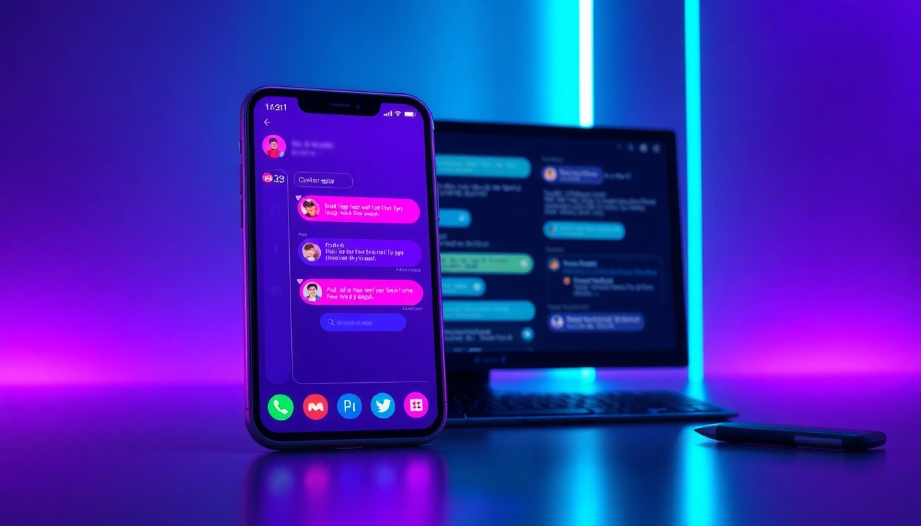 Futuristic smartphone and desktop screens displaying a vibrant NSFW AI chat interface in a high-tech environment.