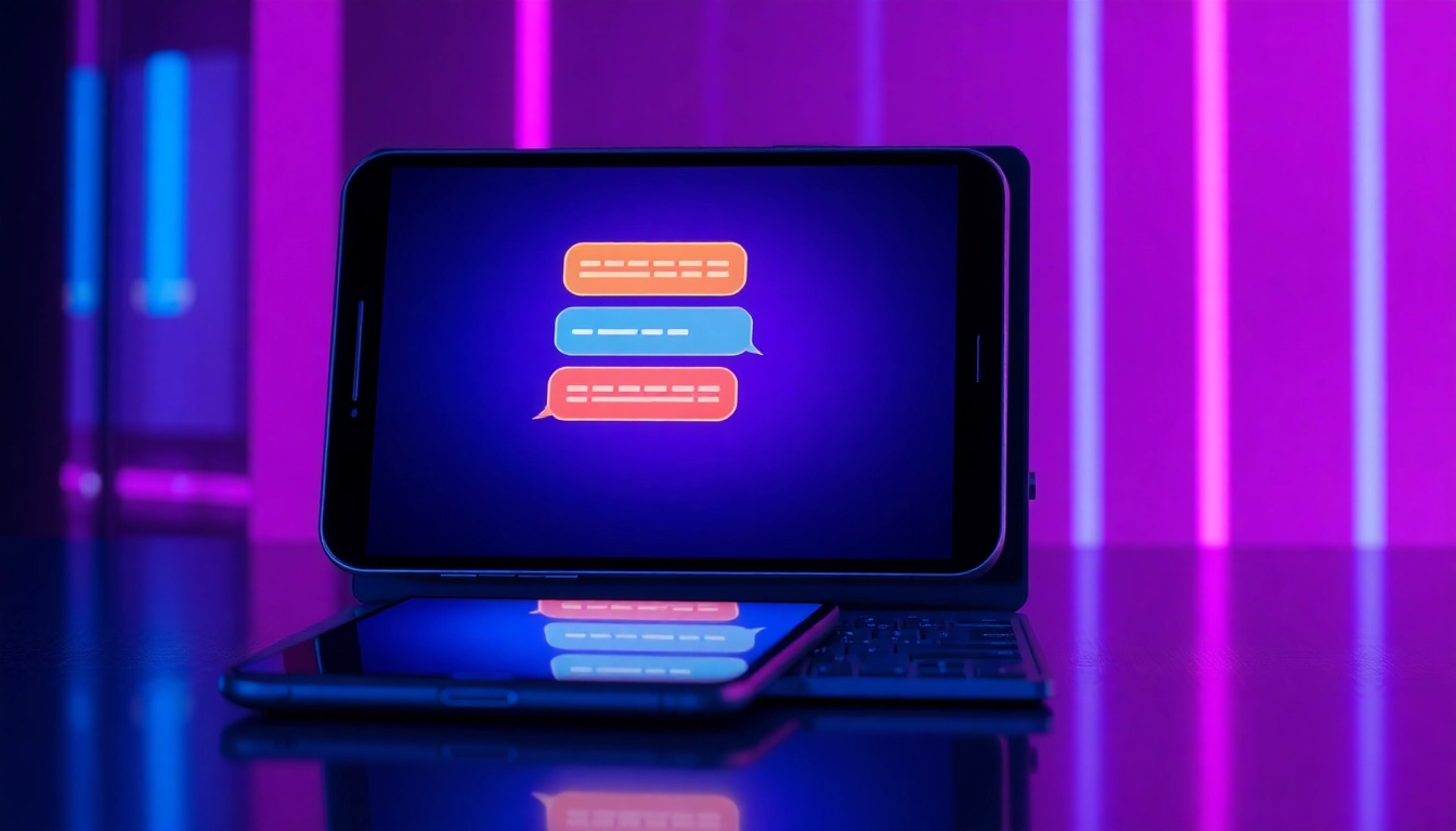 Futuristic chatbot on smartphone and desktop with neon lighting and intimate interface