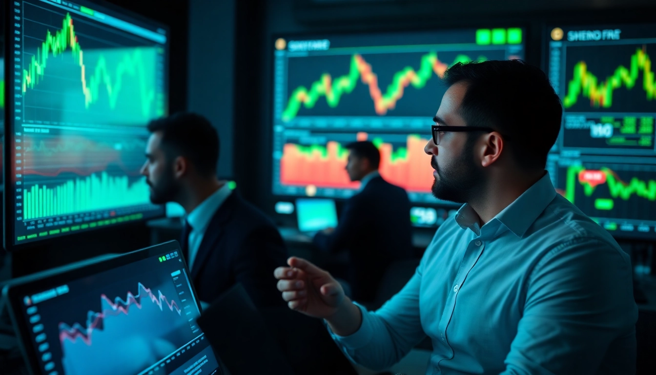 Financial analysts reviewing investment market updates through digital charts and data