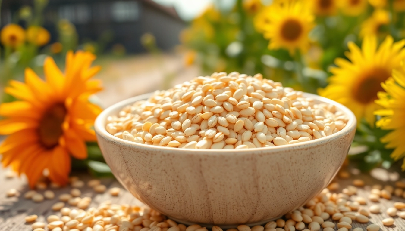 Safflower Seeds displayed in a bowl with fresh agricultural background for healthy nutrition